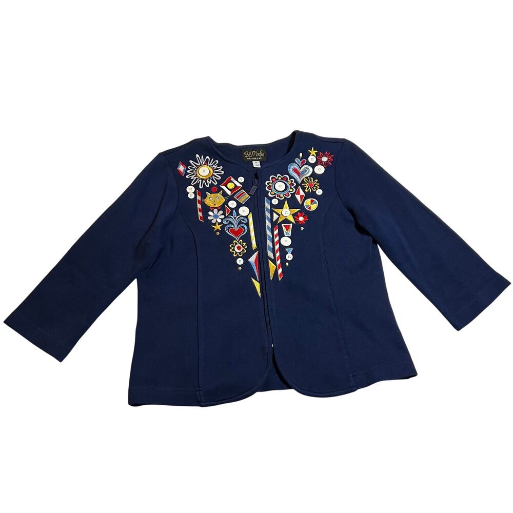 Vintage Bob Mackie Embroidered Cat Zip Up Knit Jacket Size M Abstract Artsy